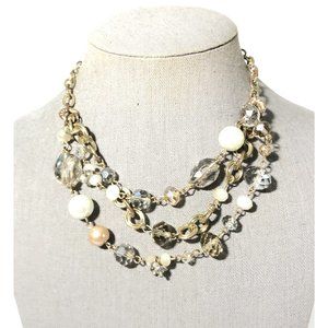 Tier Strand Bead Statement Necklace- Gold Tone W/ Acrylic Crystal Gemstones.